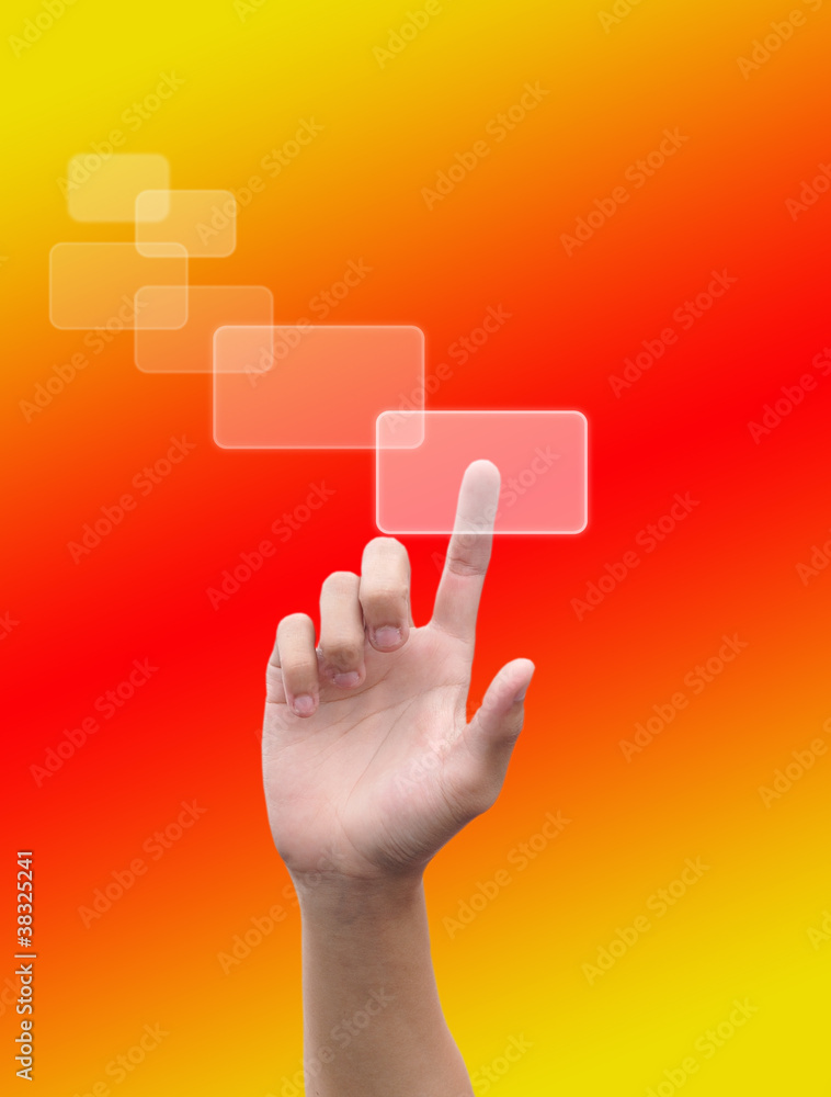 hand pushing a button on a touch screen interface hand pushing a button on a touch screen interface