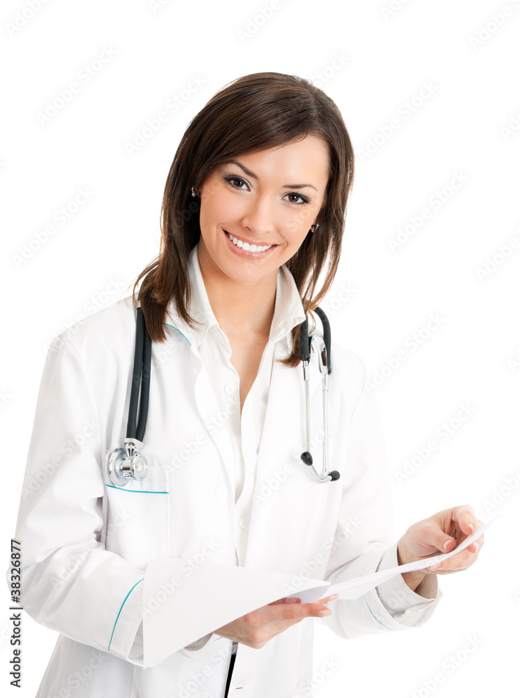 Smiling female doctor with documents, over white Smiling female doctor with documents, over white