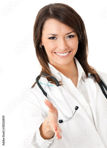 Doctor giving hand for handshaking  over white
