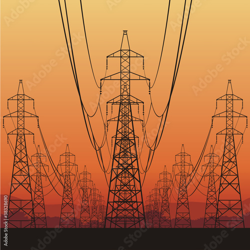 Electric power lines and sunrise, vector illustration