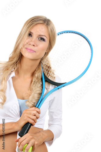 Young girl with tennis racket isolated on white