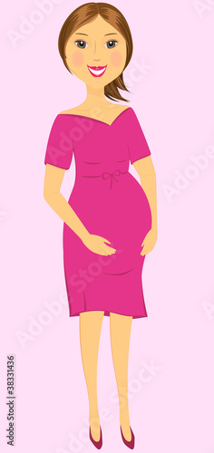 cartoon isolated beautiful pregnant woman on pink background