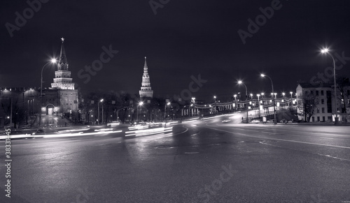 view on Great Stone Bridge and towers of Kremlin at night