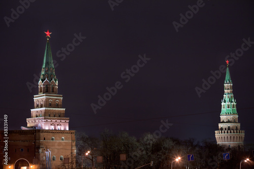 Towers of Moscow Kremlin at night,