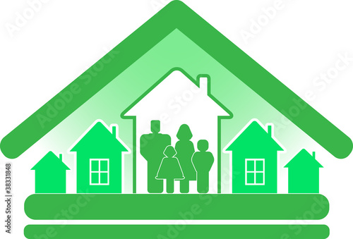 cottage with houses and family silhouette