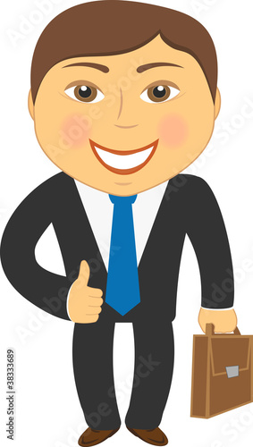isolated cartoon businessman with portfolio and showing thumb up