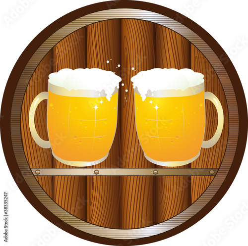 sign with beer barrel and two glass beer mugs