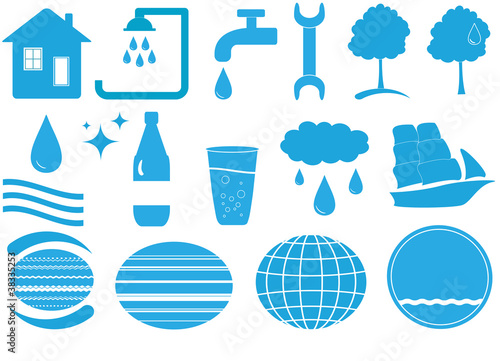 set of blue isolated water many objects with tools