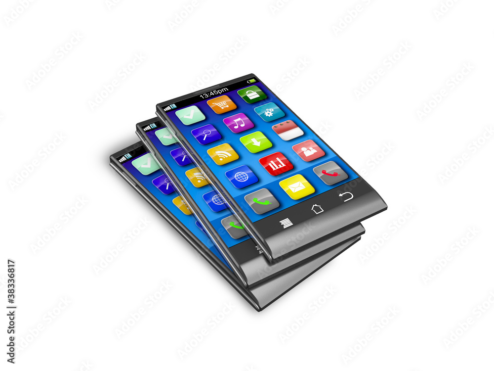 Set of color touchscreen smartphones isolated on white reflectiv Set of color touchscreen smartphones isolated on white reflectiv