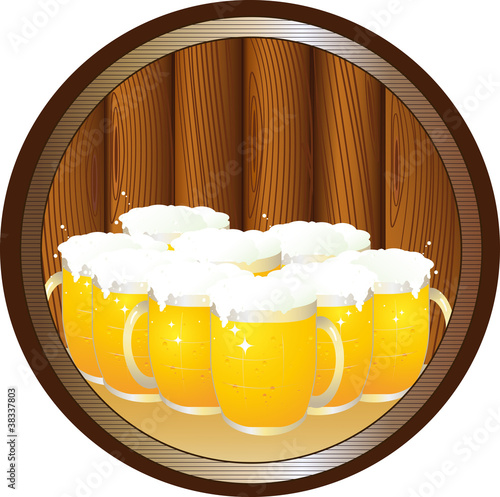 many beer mugs on tray in round