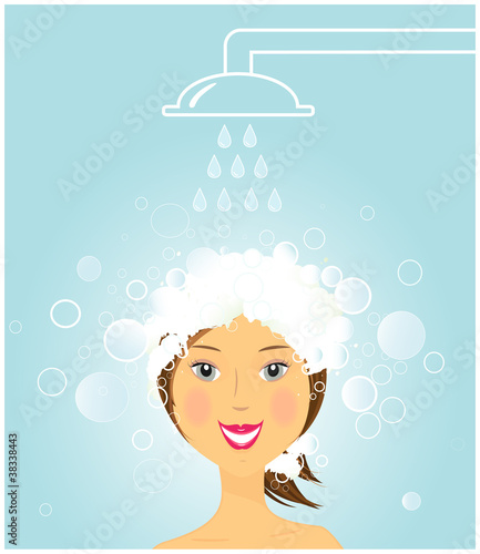 cartoon beauty girl washing hair under shower