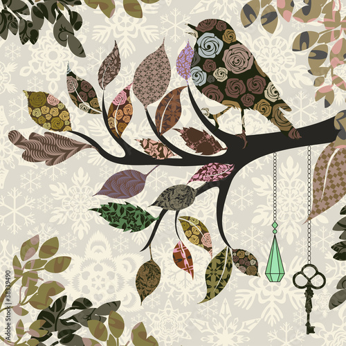 Retro background of tree branch with leaves and bird of patches