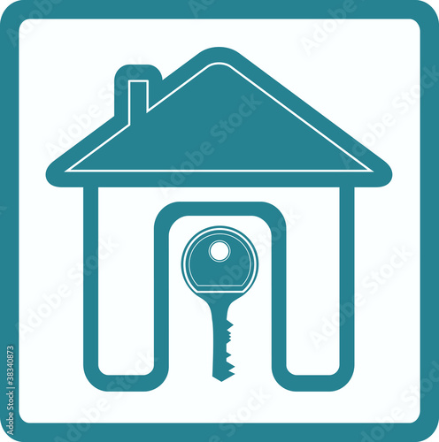 blue sign with silhouette house and key
