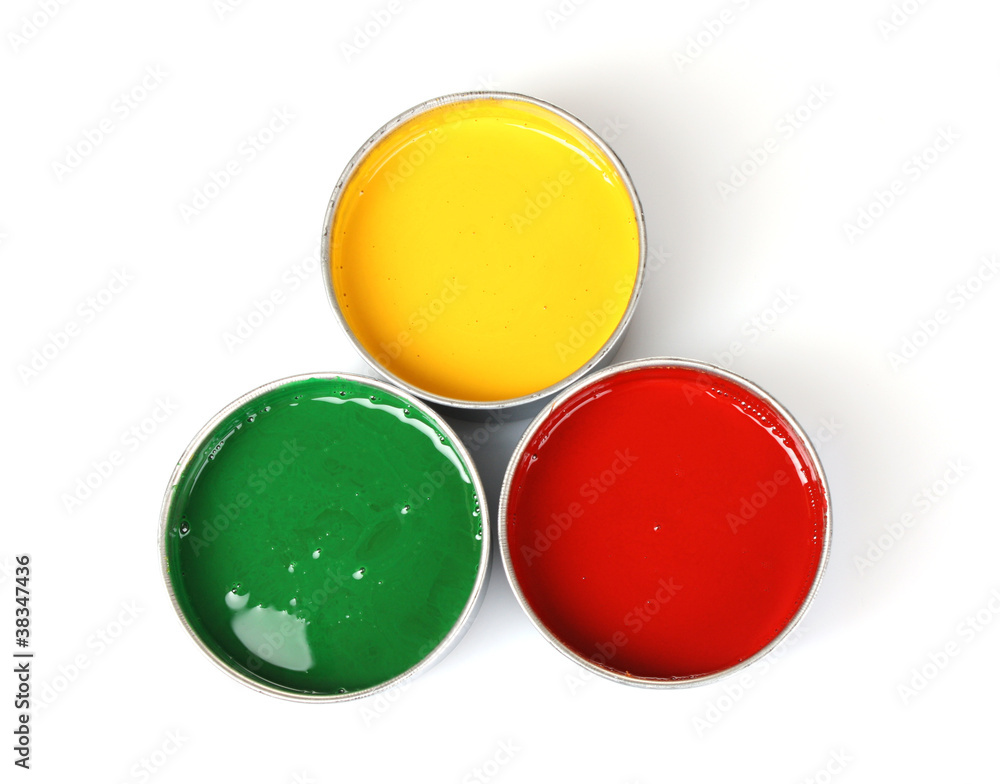 open tin cans with paint and brushes isolated on white open tin cans with paint and brushes isolated on white