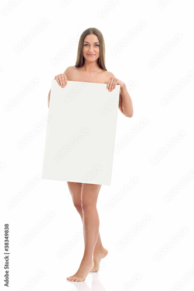 Beautiful naked woman holding a blank sign Beautiful naked woman holding a blank sign