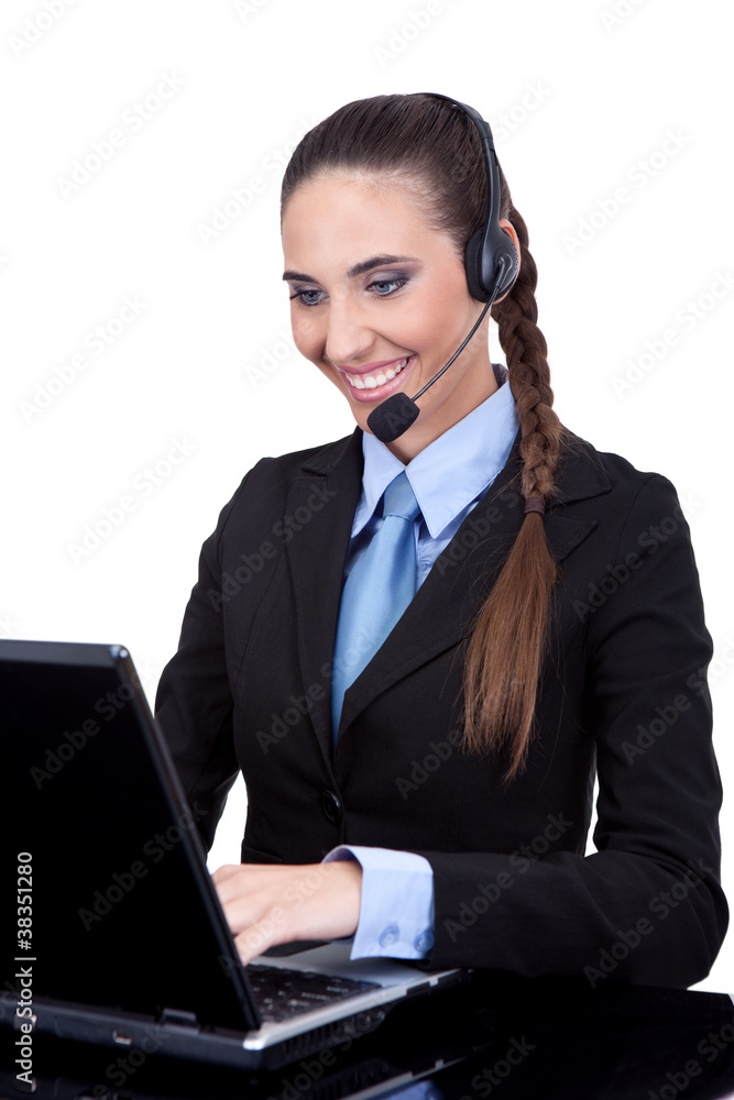 businesswoman with headset working on laptop businesswoman with headset working on laptop
