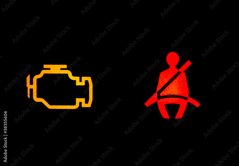 Auto Warnsymbole: Sicherheitsgurt, Motor Auto Warnsymbole: Sicherheitsgurt, Motor