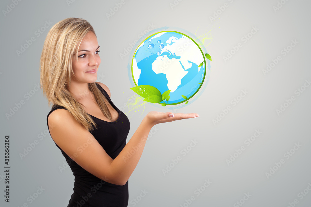 woman holding virtual eco sign