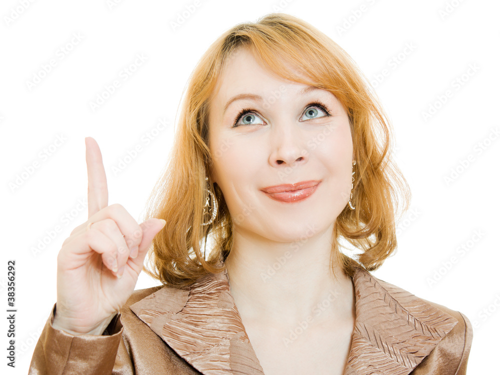Businesswoman points his finger upward. Businesswoman points his finger upward.