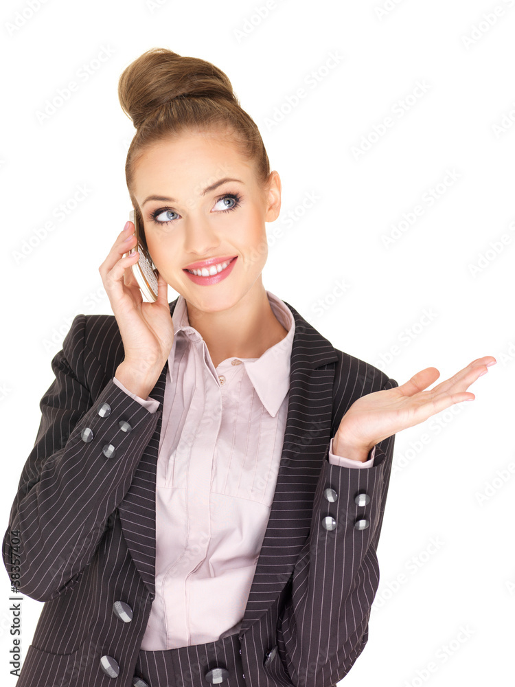 Pretty female businesswoman talking mobile phone Pretty female businesswoman talking mobile phone