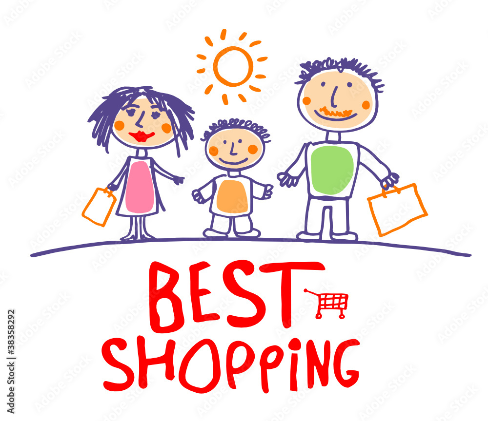 Best shopping hand drawn illustration with happy family. Best shopping hand drawn illustration with happy family.