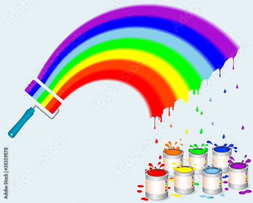 Rainbow paint roller with pots of paint.