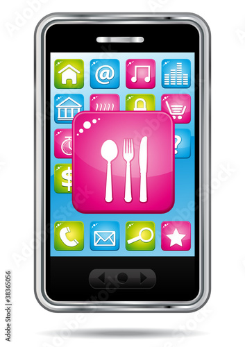 Smartphone with restaurant icon.