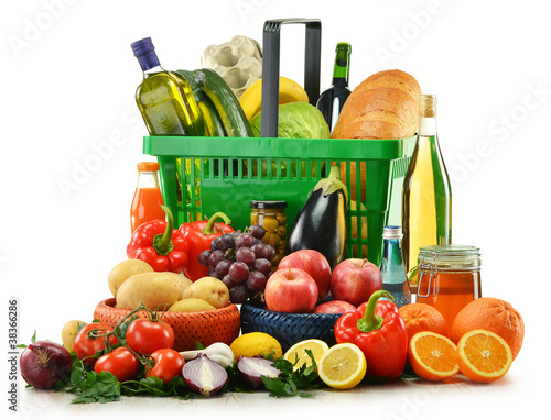 Shopping basket with grocery products isolated on white