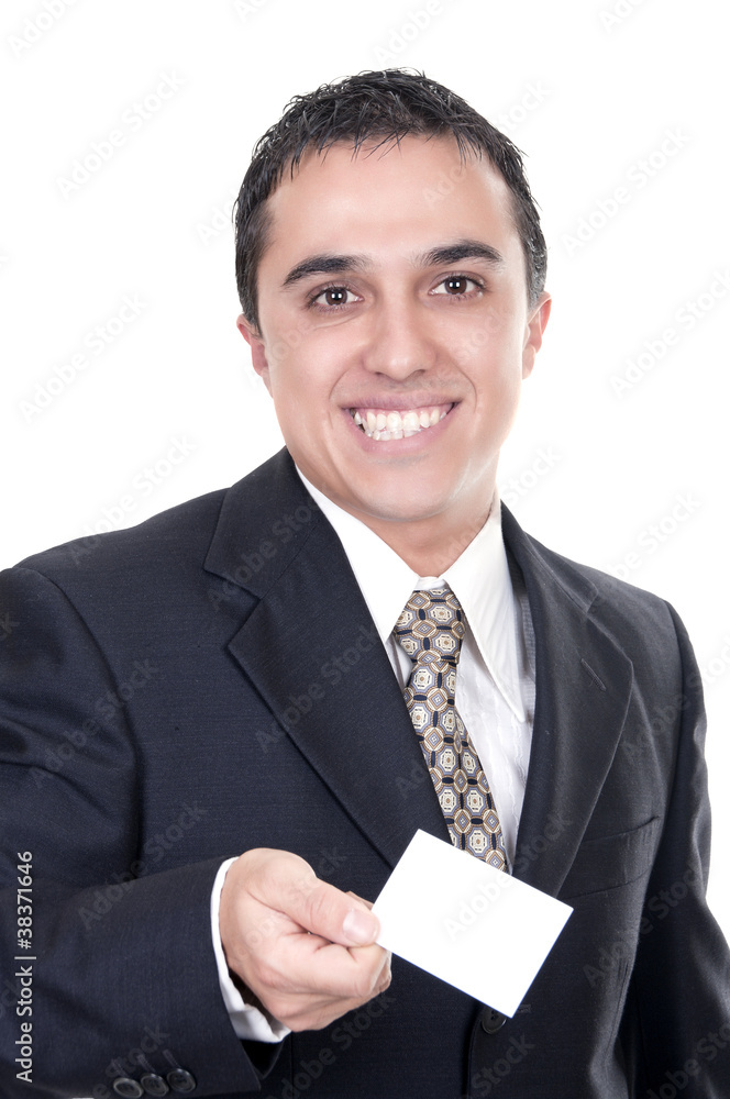 Business man handing a blank business card Business man handing a blank business card
