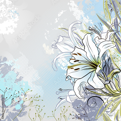 grunge greeting-card with decorative white lilies