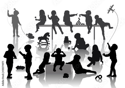 14 children playing with some deferent toys