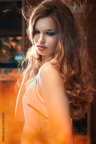 Woman with beautiful long brown hairs. Art portrait