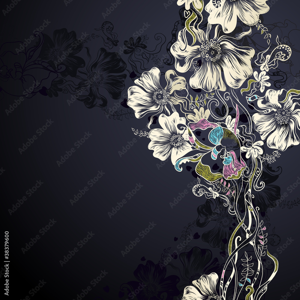black background with decorative flowers