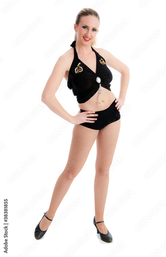 Smiling female dancer against white Smiling female dancer against white