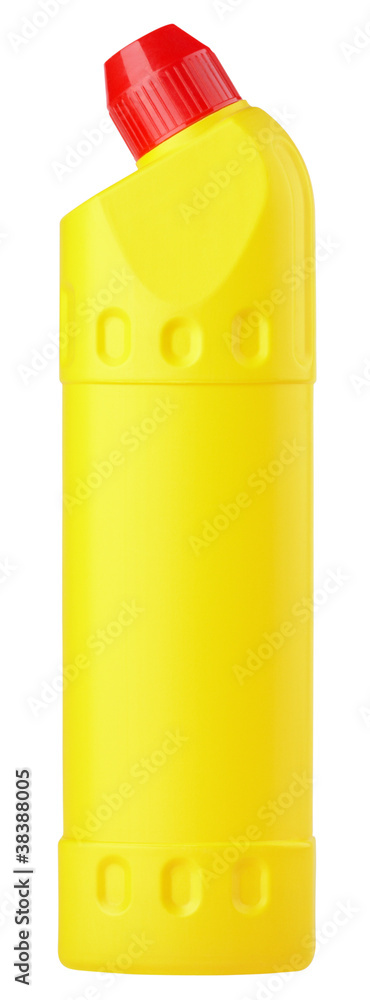Yellow plastic bottle of detergent isolated on white Yellow plastic bottle of detergent isolated on white