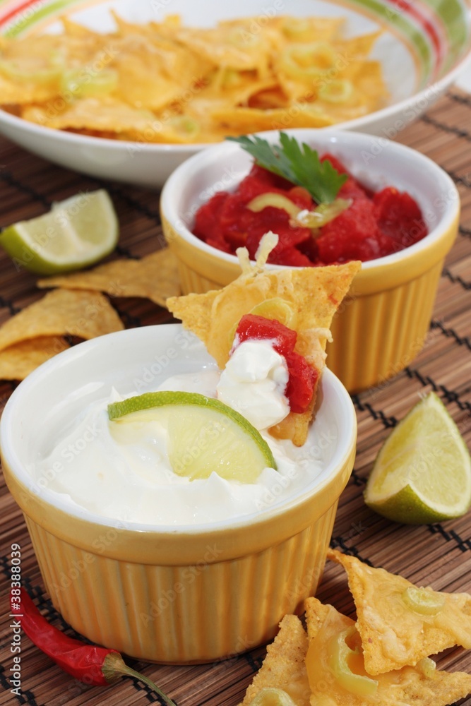 Nachos with sour cream and salsa Nachos with sour cream and salsa
