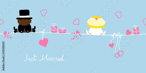 Card Sitting Groom & Bride Symbols "Just Married" Blue