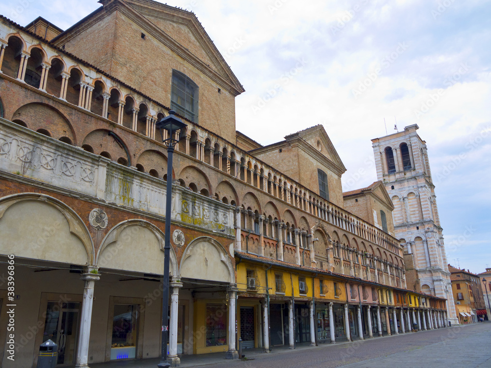 Shops at the side of the Cathedral in Ferrara Italy