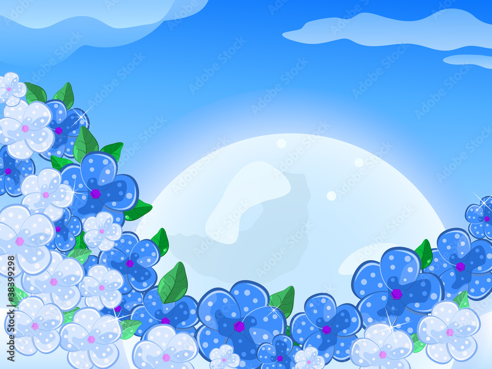 Blue White Flower In front of thee Moon In the Sky