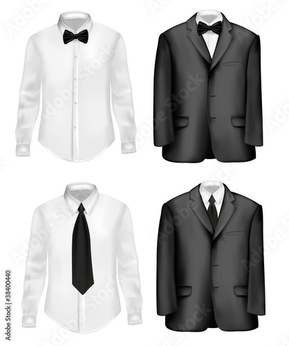 Black suit and white shirts with neckties.