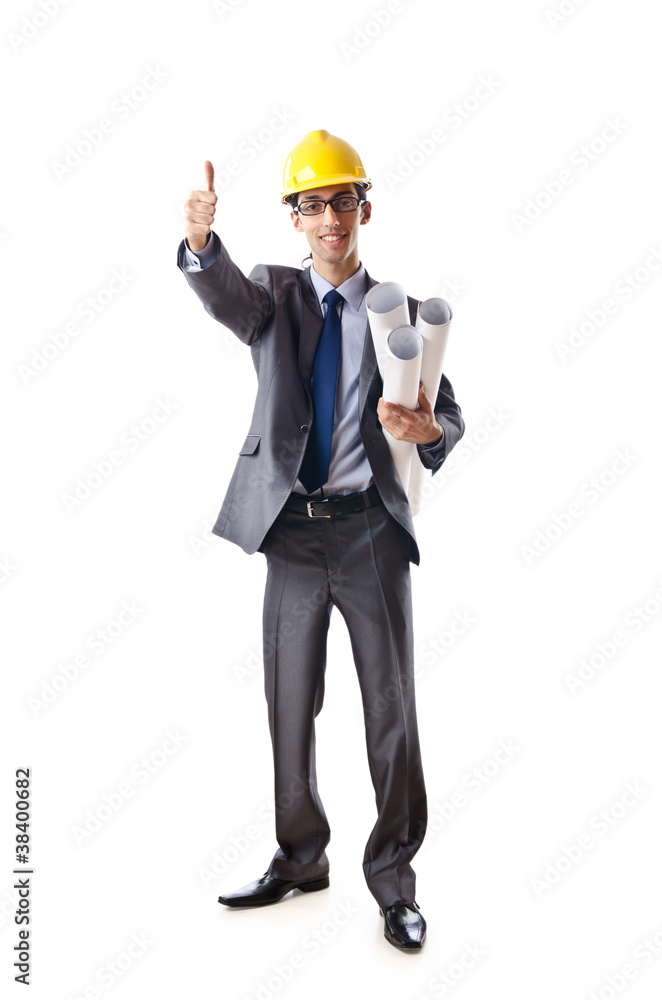 Young architect with drawings isolated on white Young architect with drawings isolated on white