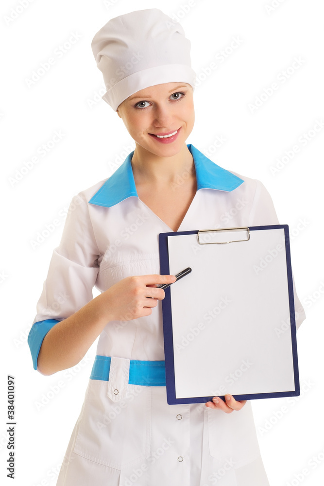 Woman doctor with an advertising tablet Woman doctor with an advertising tablet
