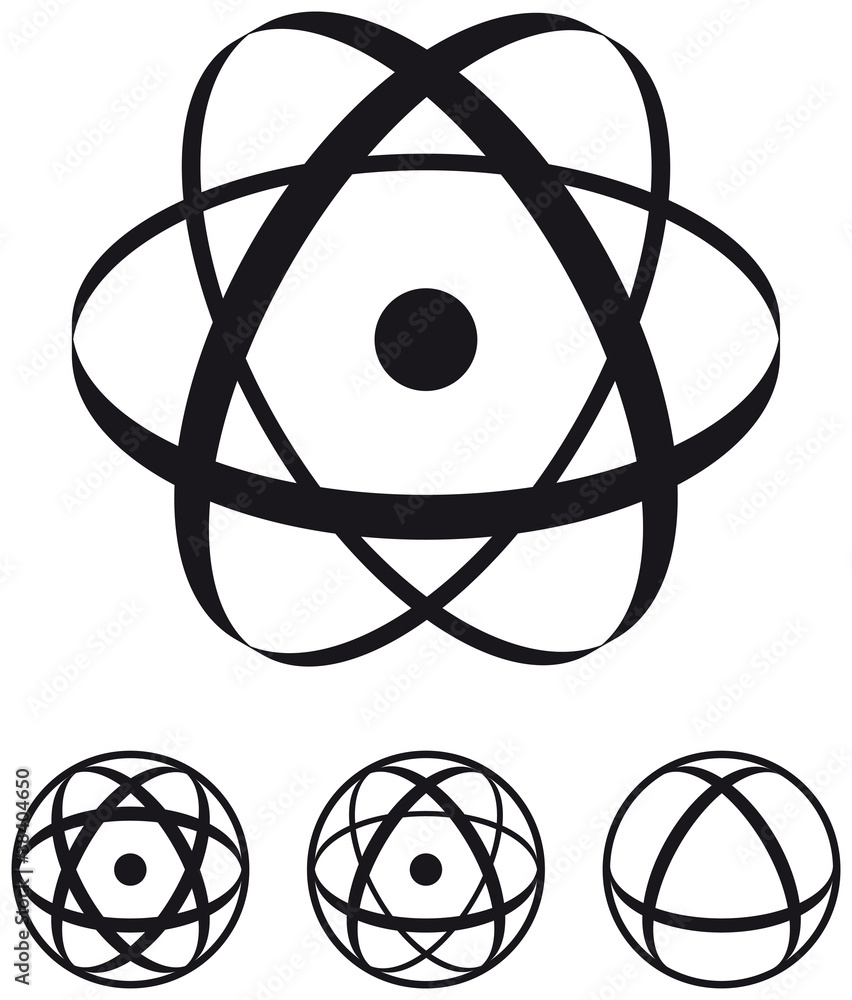 Atomic sybol consisting of a nucleus in three ellipses and a shell. Black and white illustration on white background. Vector. Atomic sybol consisting of a nucleus in three ellipses and a shell. Black and white illustration on white background. Vector.