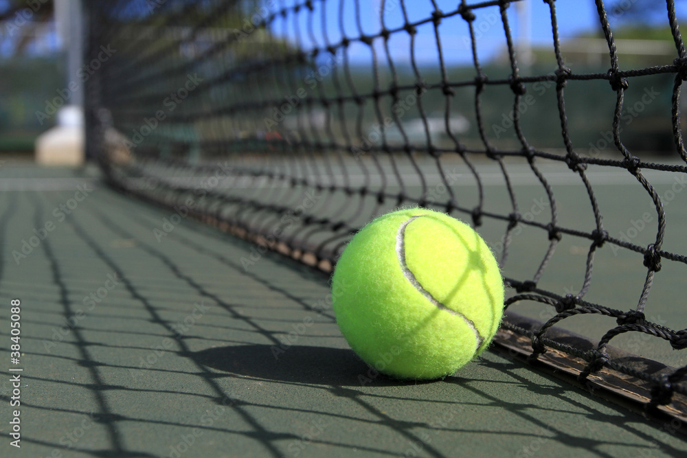 Tennis ball lies next to a net on the court