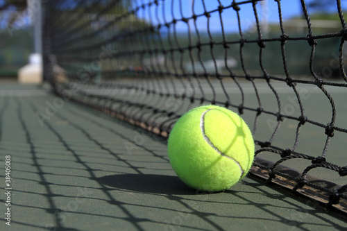 Tennis ball lies next to a net on the court © sonofpioneer