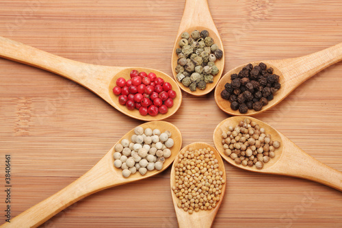 Colorful spices in wooden spoons  beautiful kitchen image.