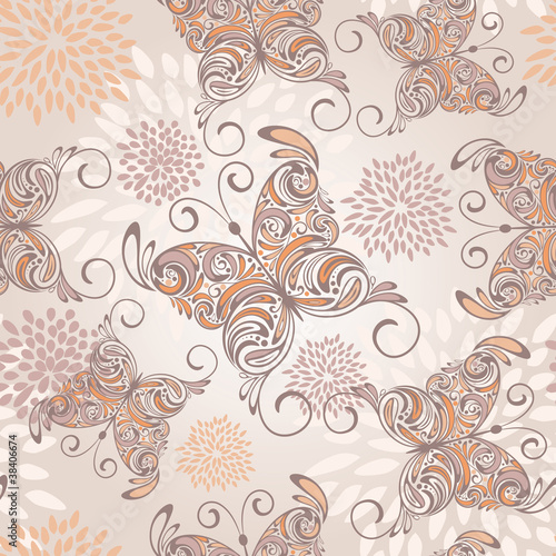vector seamless pattern with hand drawn butterflies and abstra