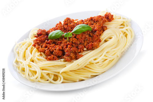 pasta with meat sauce on a white background