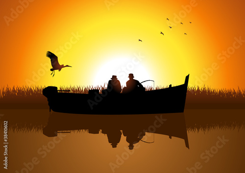 Vector illustration of two men silhouette fishing on the lake