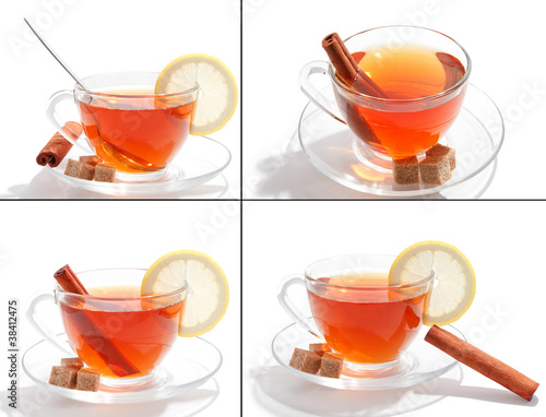 Glass cup of tea with white background set